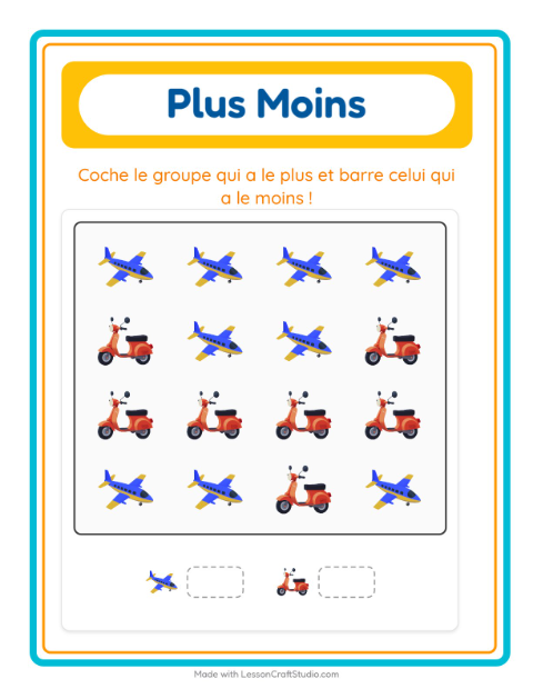Aperçu de la fiche Plus Ou Moins avec Véhicules pour École maternelle (petite/moyenne section, 3-5 ans)