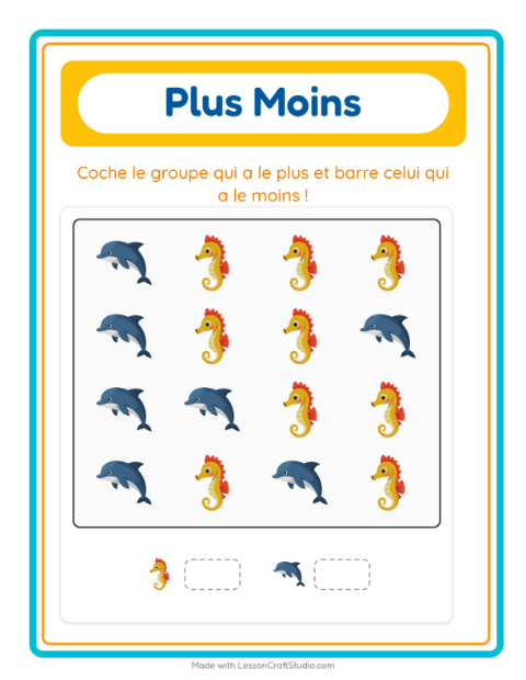 Aperçu de la fiche Plus Ou Moins avec Vie océanique pour École maternelle (petite/moyenne section, 3-5 ans)
