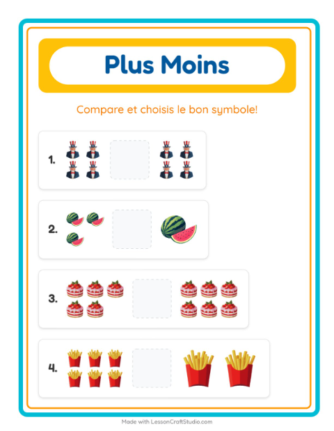 Aperçu de la fiche Plus Ou Moins avec 4 juillet pour École maternelle (petite/moyenne section, 3-5 ans)