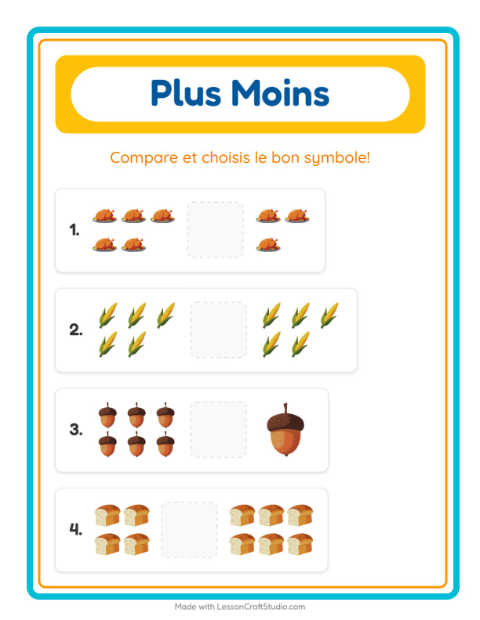Aperçu de la fiche Plus Ou Moins avec Action de grâce pour École maternelle (petite/moyenne section, 3-5 ans)