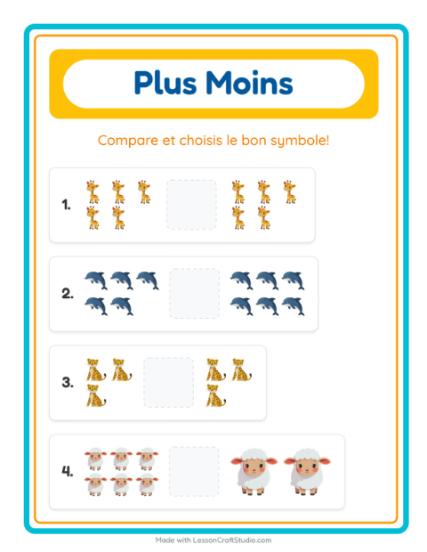 Aperçu de la fiche Plus Ou Moins avec Animaux pour École maternelle (petite/moyenne section, 3-5 ans)