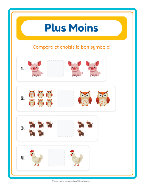 Aperçu de la fiche Plus Ou Moins avec Animaux de la ferme pour École maternelle (petite/moyenne section, 3-5 ans)