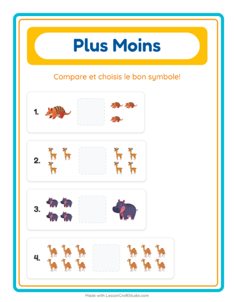 Aperçu de la fiche Plus Ou Moins avec Animaux du zoo pour École maternelle (petite/moyenne section, 3-5 ans)
