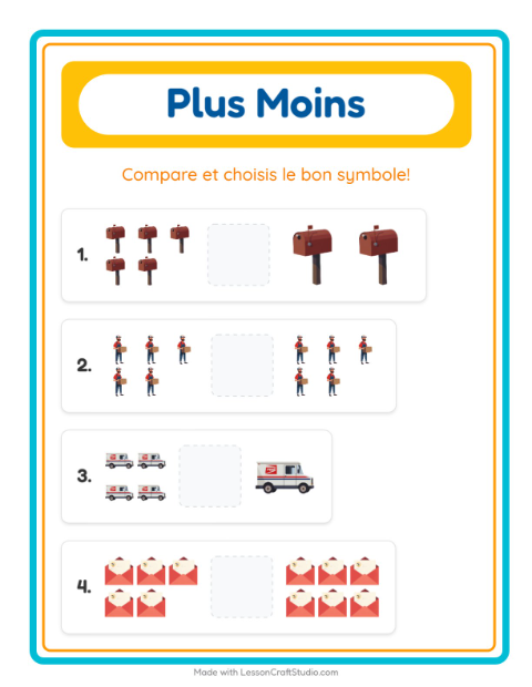 Aperçu de la fiche Plus Ou Moins avec Bureau de poste pour École maternelle (petite/moyenne section, 3-5 ans)