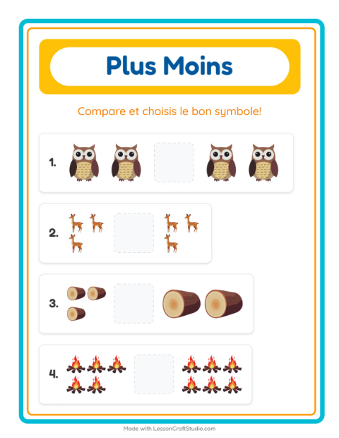 Aperçu de la fiche Plus Ou Moins avec Camping pour École maternelle (petite/moyenne section, 3-5 ans)