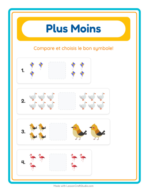 Aperçu de la fiche Plus Ou Moins avec Choses qui volent pour École maternelle (petite/moyenne section, 3-5 ans)