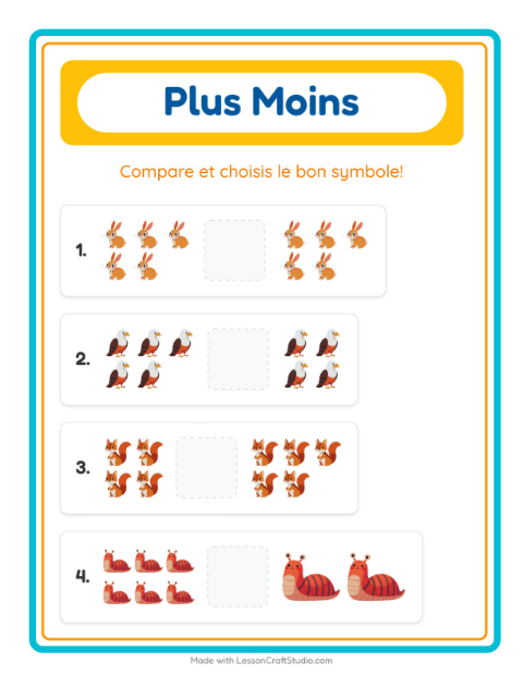 Aperçu de la fiche Plus Ou Moins avec Créatures de la forêt pour École maternelle (petite/moyenne section, 3-5 ans)