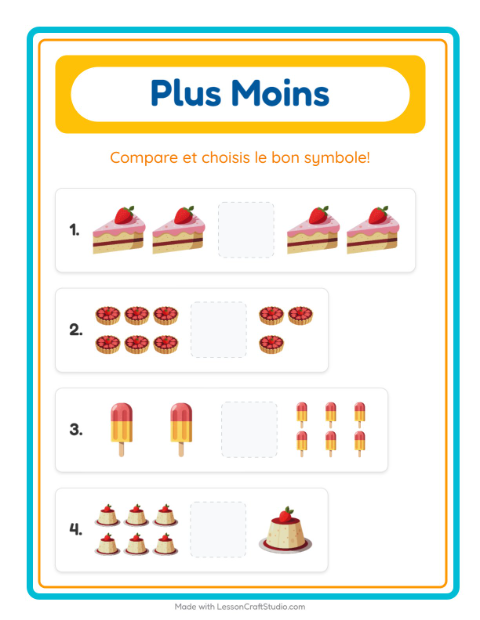 Aperçu de la fiche Plus Ou Moins avec Desserts et sucreries pour École maternelle (petite/moyenne section, 3-5 ans)