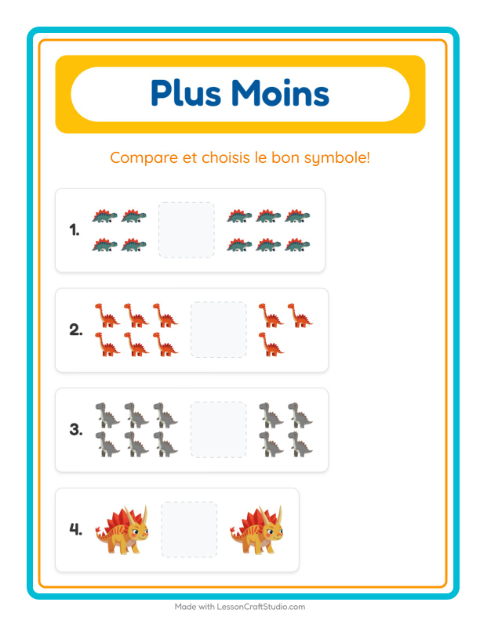 Aperçu de la fiche Plus Ou Moins avec Dinosaures pour École maternelle (petite/moyenne section, 3-5 ans)