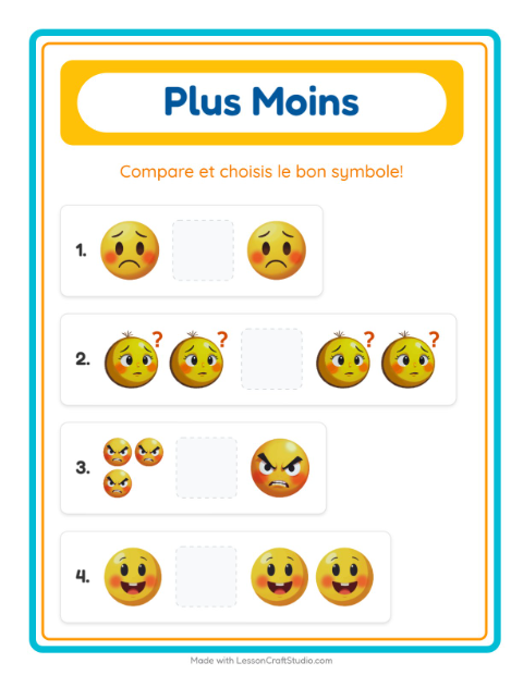 Aperçu de la fiche Plus Ou Moins avec Émotions pour École maternelle (petite/moyenne section, 3-5 ans)