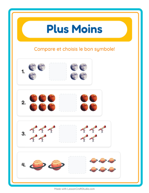 Aperçu de la fiche Plus Ou Moins avec Espace pour École maternelle (petite/moyenne section, 3-5 ans)