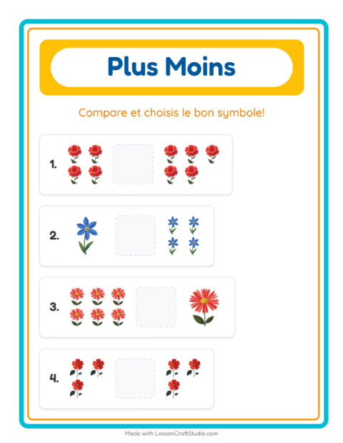 Aperçu de la fiche Plus Ou Moins avec Fleurs pour École maternelle (petite/moyenne section, 3-5 ans)