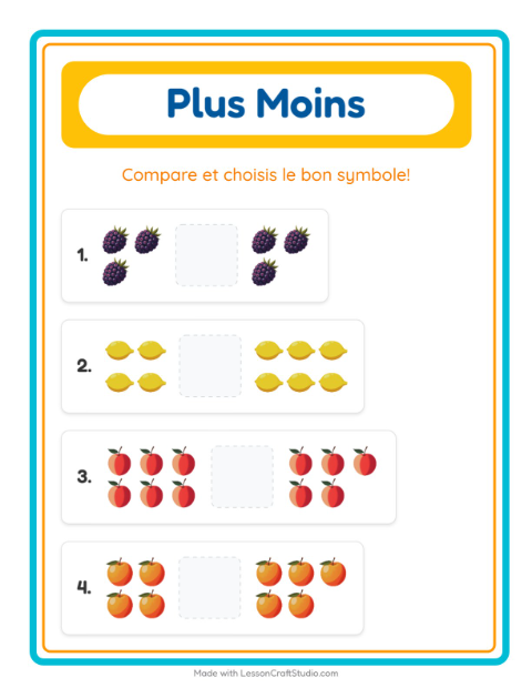 Aperçu de la fiche Plus Ou Moins avec Fruits pour École maternelle (petite/moyenne section, 3-5 ans)