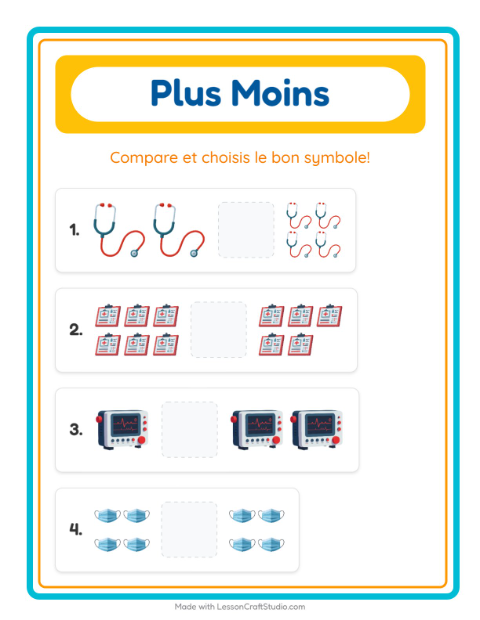 Aperçu de la fiche Plus Ou Moins avec Hôpital pour École maternelle (petite/moyenne section, 3-5 ans)