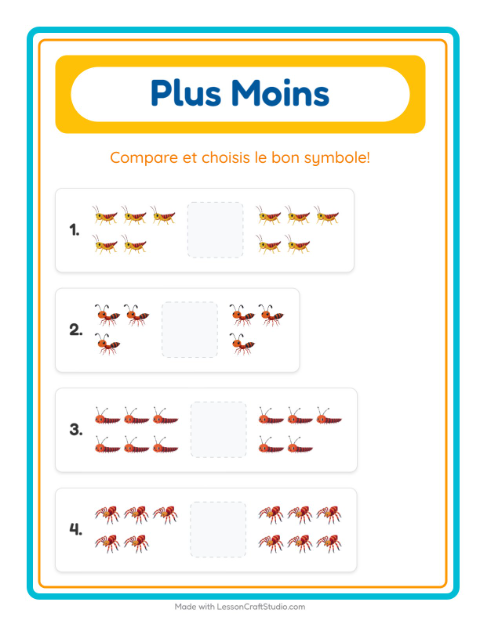 Aperçu de la fiche Plus Ou Moins avec Insectes et bestioles pour École maternelle (petite/moyenne section, 3-5 ans)