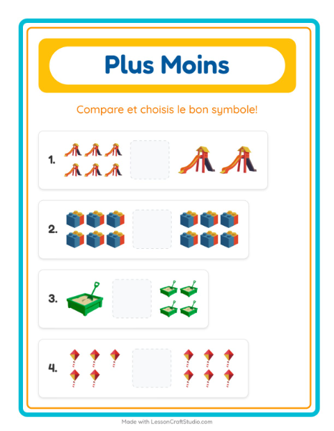Aperçu de la fiche Plus Ou Moins avec Jouets pour École maternelle (petite/moyenne section, 3-5 ans)