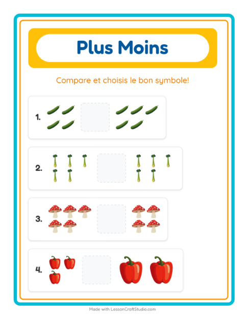 Aperçu de la fiche Plus Ou Moins avec Légumes pour École maternelle (petite/moyenne section, 3-5 ans)
