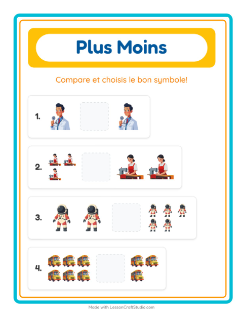 Aperçu de la fiche Plus Ou Moins avec Métiers pour École maternelle (petite/moyenne section, 3-5 ans)
