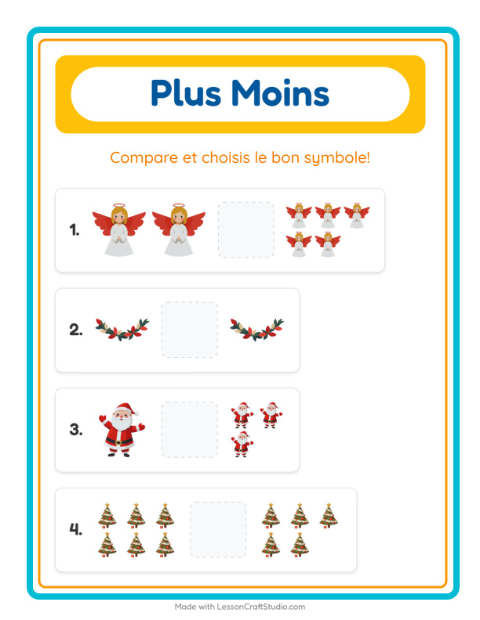 Aperçu de la fiche Plus Ou Moins avec Noël pour École maternelle (petite/moyenne section, 3-5 ans)