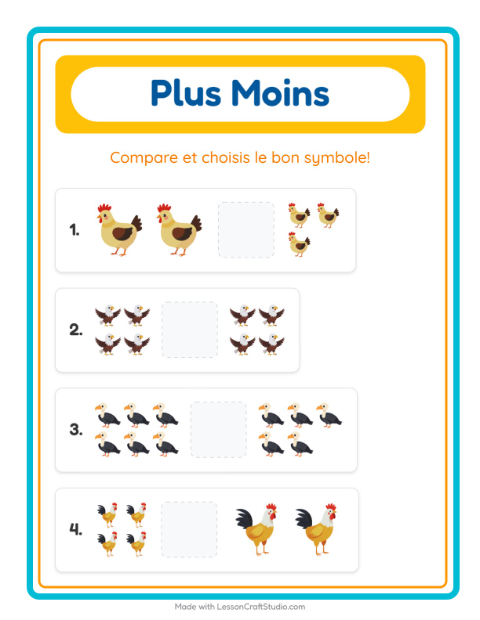 Aperçu de la fiche Plus Ou Moins avec Oiseaux 2 pour École maternelle (petite/moyenne section, 3-5 ans)