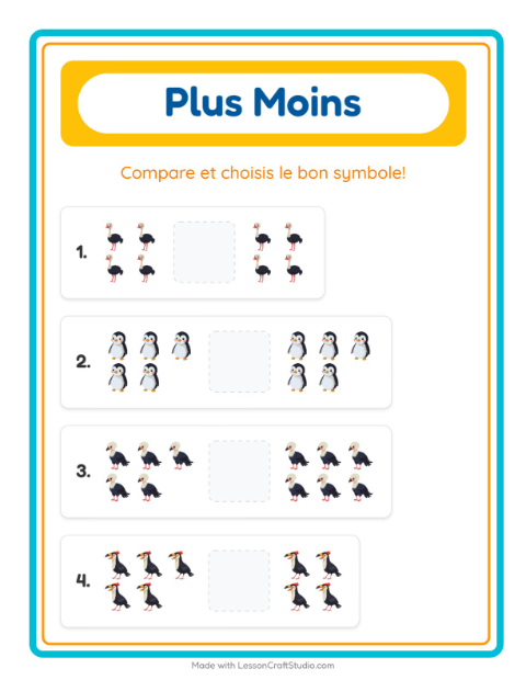 Aperçu de la fiche Plus Ou Moins avec Oiseaux pour École maternelle (petite/moyenne section, 3-5 ans)