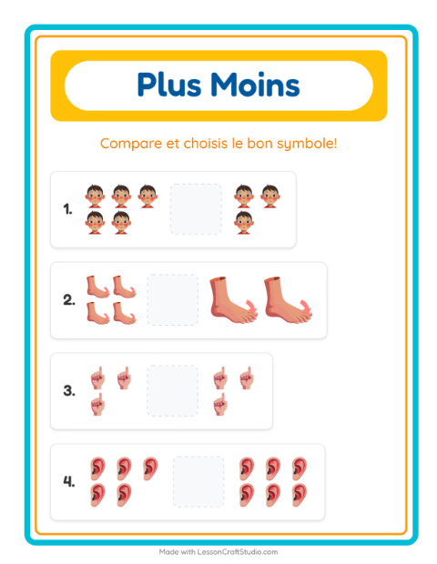 Aperçu de la fiche Plus Ou Moins avec Parties du corps pour École maternelle (petite/moyenne section, 3-5 ans)
