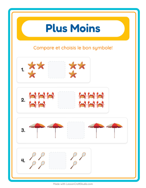 Aperçu de la fiche Plus Ou Moins avec Plage pour École maternelle (petite/moyenne section, 3-5 ans)
