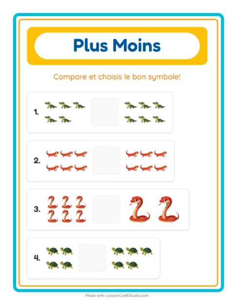 Aperçu de la fiche Plus Ou Moins avec Reptiles et amphibiens pour École maternelle (petite/moyenne section, 3-5 ans)