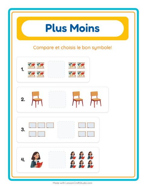 Aperçu de la fiche Plus Ou Moins avec Salle de classe pour École maternelle (petite/moyenne section, 3-5 ans)
