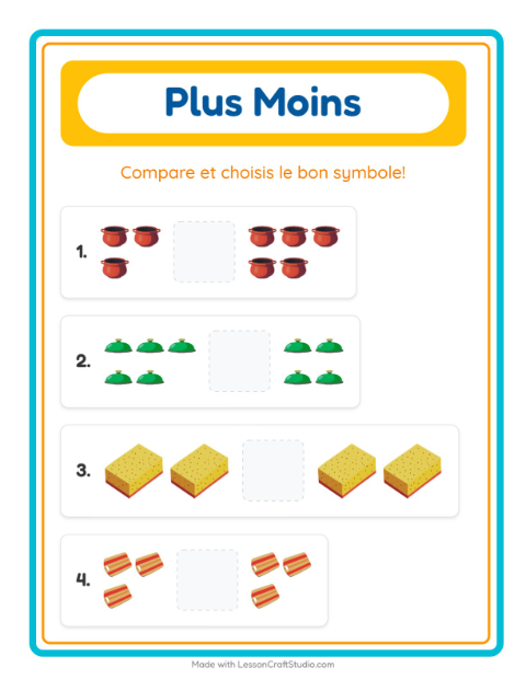 Aperçu de la fiche Plus Ou Moins avec Ustensiles de cuisine pour École maternelle (petite/moyenne section, 3-5 ans)
