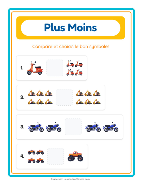 Aperçu de la fiche Plus Ou Moins avec Véhicules pour École maternelle (petite/moyenne section, 3-5 ans)