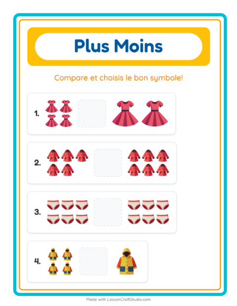 Aperçu de la fiche Plus Ou Moins avec Vêtements pour École maternelle (petite/moyenne section, 3-5 ans)