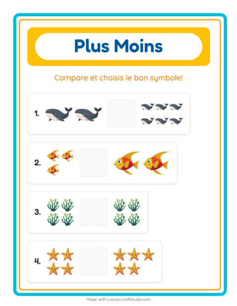 Aperçu de la fiche Plus Ou Moins avec Vie océanique pour École maternelle (petite/moyenne section, 3-5 ans)