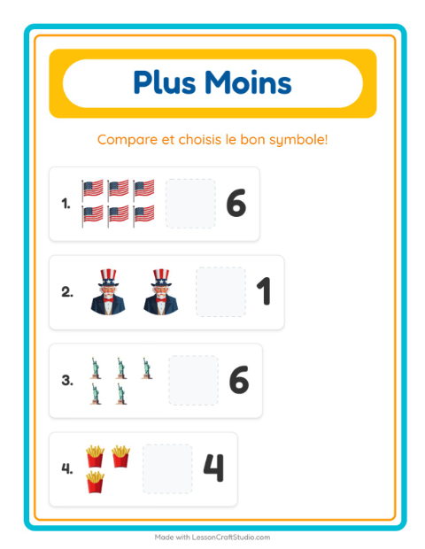Aperçu de la fiche Plus Ou Moins avec 4 juillet pour École maternelle (petite/moyenne section, 3-5 ans)