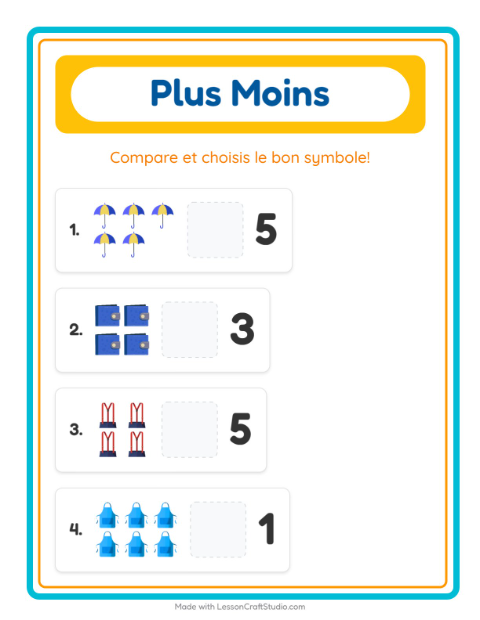 Aperçu de la fiche Plus Ou Moins avec Accessoires pour École maternelle (petite/moyenne section, 3-5 ans)