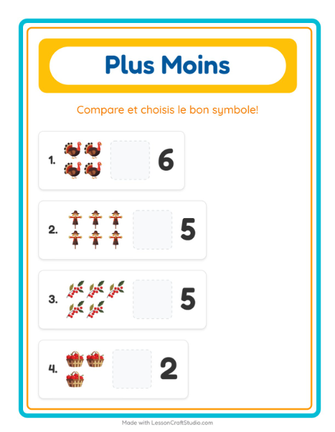 Aperçu de la fiche Plus Ou Moins avec Action de grâce pour École maternelle (petite/moyenne section, 3-5 ans)