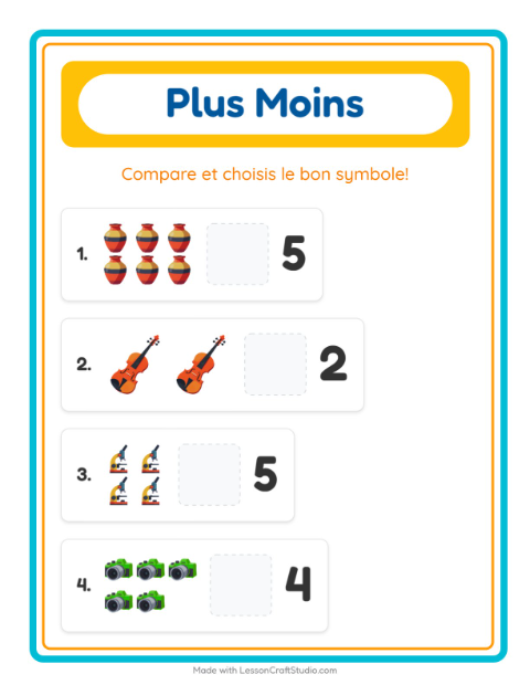 Aperçu de la fiche Plus Ou Moins avec Activités pour École maternelle (petite/moyenne section, 3-5 ans)