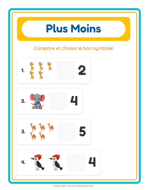 Aperçu de la fiche Plus Ou Moins avec Animaux pour École maternelle (petite/moyenne section, 3-5 ans)