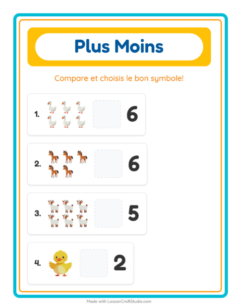 Aperçu de la fiche Plus Ou Moins avec Animaux de la ferme pour École maternelle (petite/moyenne section, 3-5 ans)