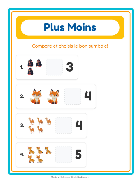Aperçu de la fiche Plus Ou Moins avec Animaux du zoo pour École maternelle (petite/moyenne section, 3-5 ans)