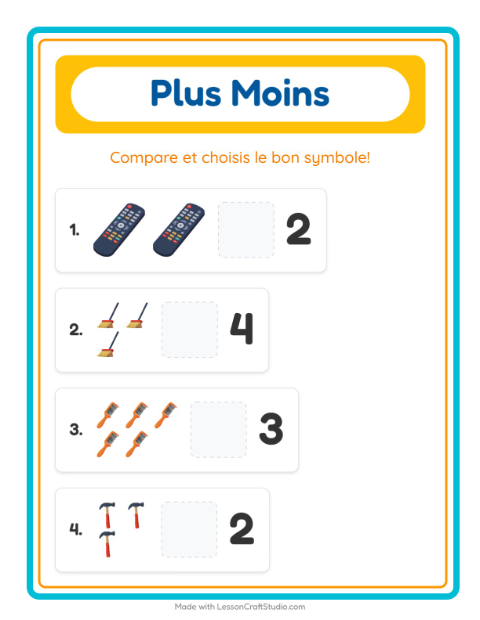 Aperçu de la fiche Plus Ou Moins avec Autour de la maison pour École maternelle (petite/moyenne section, 3-5 ans)