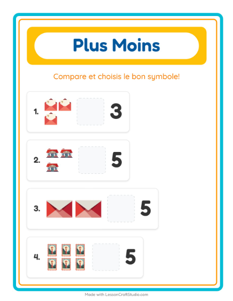 Aperçu de la fiche Plus Ou Moins avec Bureau de poste pour École maternelle (petite/moyenne section, 3-5 ans)