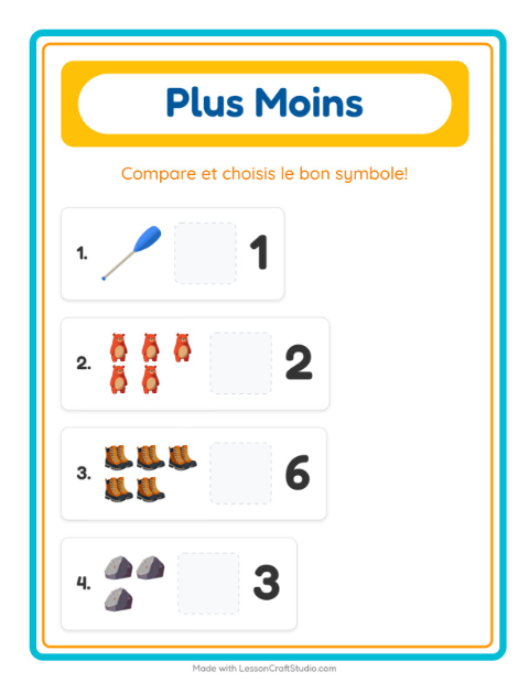 Aperçu de la fiche Plus Ou Moins avec Camping pour École maternelle (petite/moyenne section, 3-5 ans)