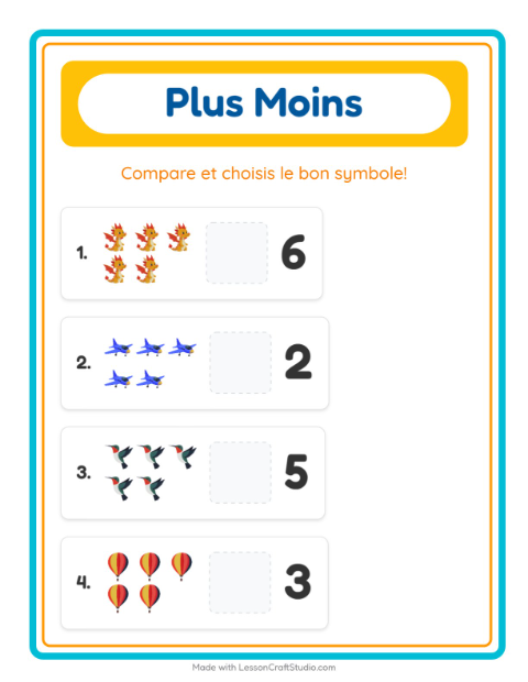 Aperçu de la fiche Plus Ou Moins avec Choses qui volent pour École maternelle (petite/moyenne section, 3-5 ans)