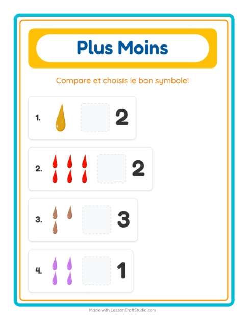 Aperçu de la fiche Plus Ou Moins avec Couleurs pour École maternelle (petite/moyenne section, 3-5 ans)
