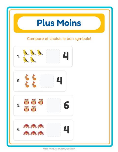 Aperçu de la fiche Plus Ou Moins avec Créatures de la forêt pour École maternelle (petite/moyenne section, 3-5 ans)