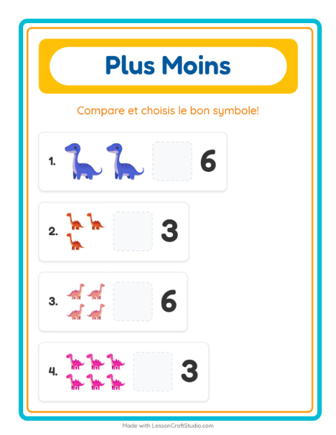 Aperçu de la fiche Plus Ou Moins avec Dinosaures pour École maternelle (petite/moyenne section, 3-5 ans)