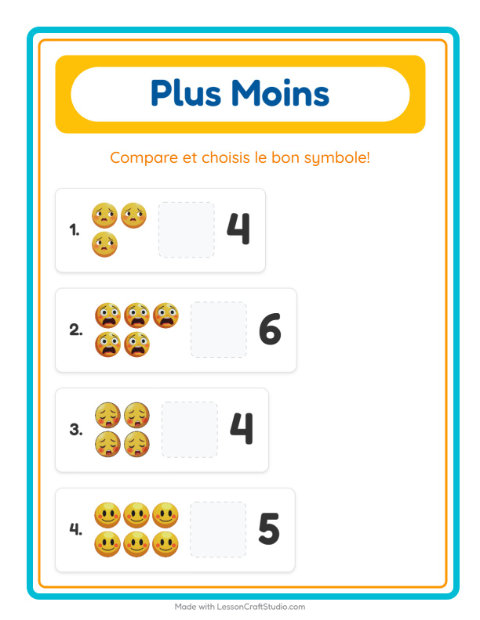 Aperçu de la fiche Plus Ou Moins avec Émotions pour École maternelle (petite/moyenne section, 3-5 ans)