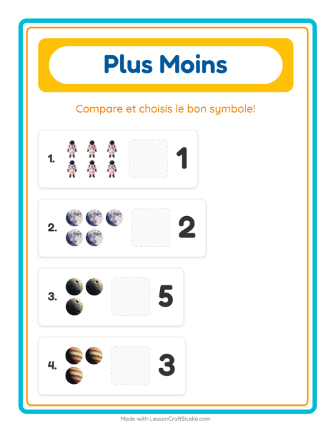 Aperçu de la fiche Plus Ou Moins avec Espace pour École maternelle (petite/moyenne section, 3-5 ans)