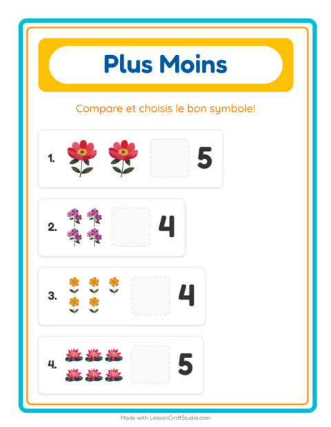 Aperçu de la fiche Plus Ou Moins avec Fleurs pour École maternelle (petite/moyenne section, 3-5 ans)